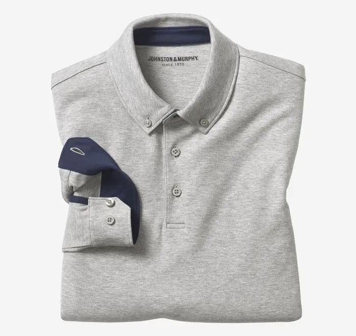 JohnstonandMurphy Polos and Tees Liquid Cotton LongSleeve Polo Heather Gray 8211 Men JohnstonandMurphy Polos and Tees Liquid Cotton LongSleeve Polo Heather Gray 8211 Men