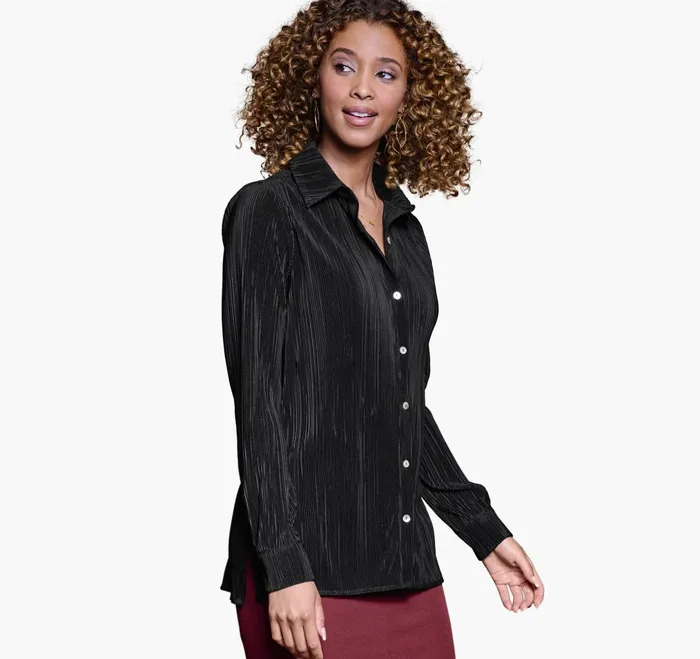 JohnstonandMurphy Shirts Sweaters and Blazers Pleated ButtonFront Shirt Black 8211 Women JohnstonandMurphy Shirts Sweaters and Blazers Pleated ButtonFront Shirt Black 8211 Women