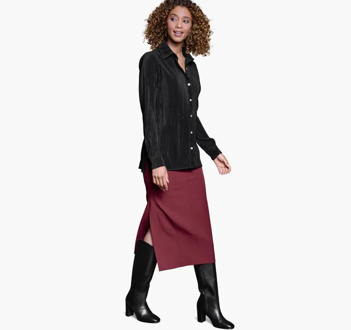 JohnstonandMurphy Shirts Sweaters and Blazers Pleated ButtonFront Shirt Black 8211 Women JohnstonandMurphy Shirts Sweaters and Blazers Pleated ButtonFront Shirt Black 8211 Women