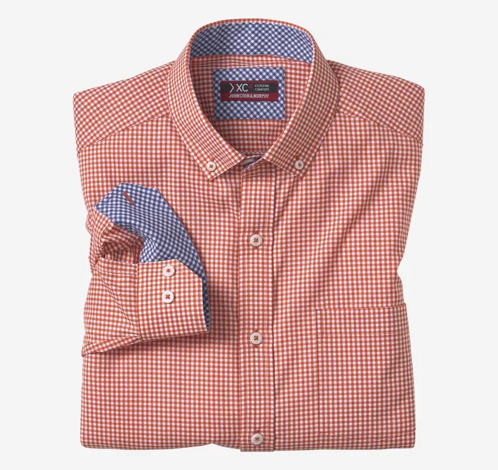 JohnstonandMurphy Shirts Xc4 LongSleeve StretchWoven Shirt Orangewhite Gingham 8211 Men