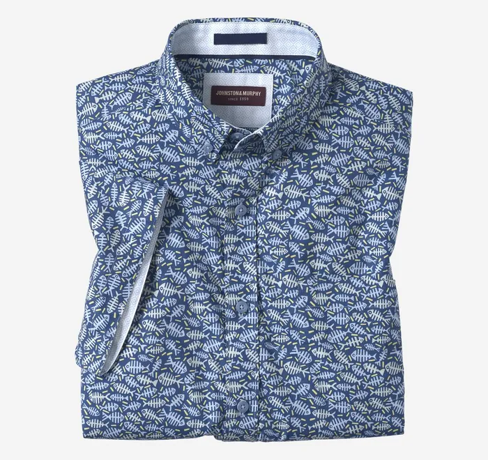 JohnstonandMurphy ShortSleeve Shirts Printed Cotton ShortSleeve Shirt Navy Fishbone 8211 Men JohnstonandMurphy ShortSleeve Shirts Printed Cotton ShortSleeve Shirt Navy Fishbone 8211 Men