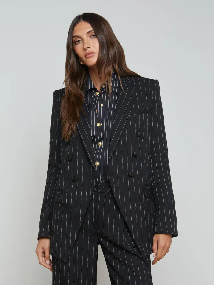 Kendi Pinstriped Long Blazer Blackecru Women L039Agence Blazers and Jackets