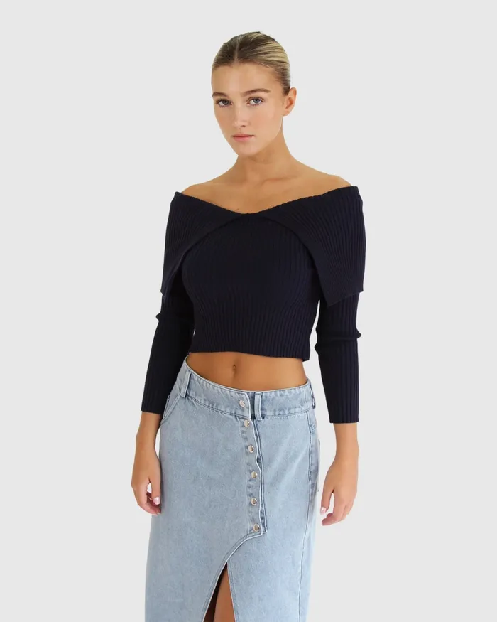 Knitwear Belle and Bloom Women More Than Words Collared Knit Top 8211 Navy