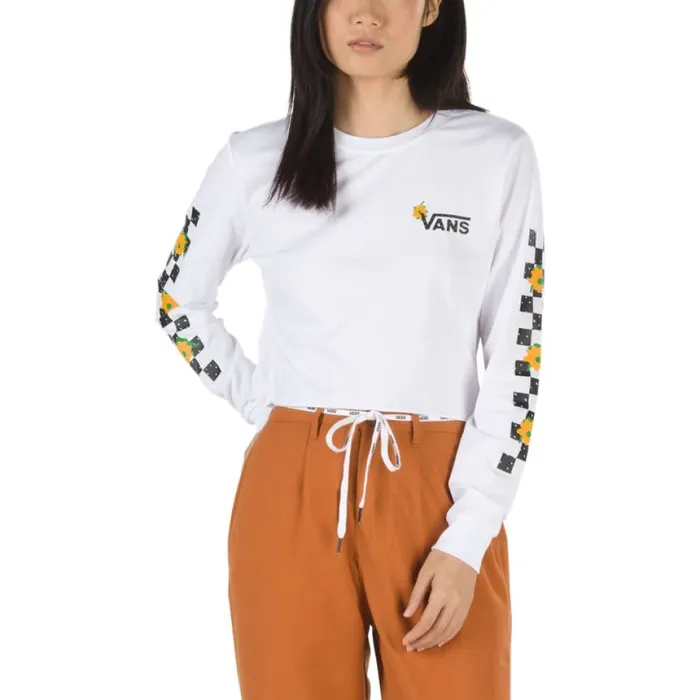 Lepp Check Crop Long Sleeve Boyfriend Tee White TShirts and Tanks Vans Women