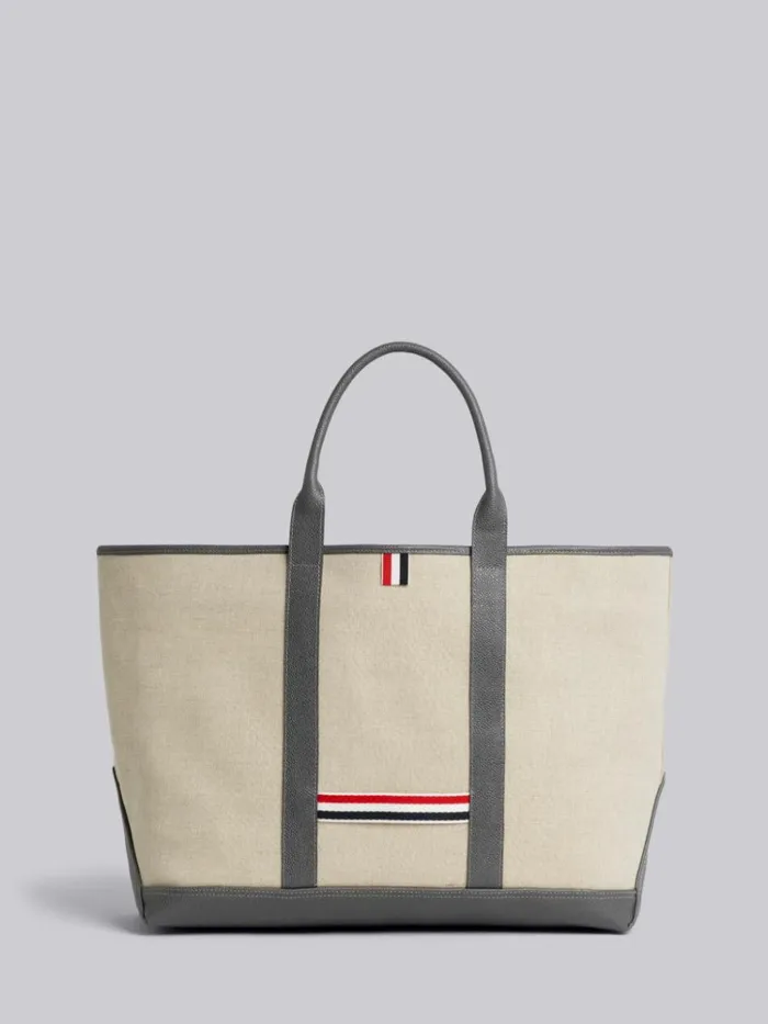 Light Grey Heavy Linen Leather Handle Medium Tool Tote Natural WomenMen Thom Browne Handbags and Totes Light Grey Heavy Linen Leather Handle Medium Tool Tote Natural WomenMen Thom Browne Handbags and Totes