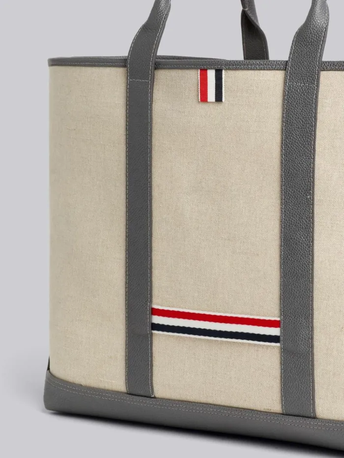 Light Grey Heavy Linen Leather Handle Medium Tool Tote Natural WomenMen Thom Browne Handbags and Totes