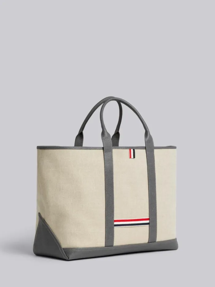 Light Grey Heavy Linen Leather Handle Medium Tool Tote Natural WomenMen Thom Browne Handbags and Totes