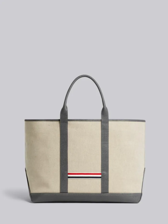 Light Grey Heavy Linen Leather Handle Medium Tool Tote Natural WomenMen Thom Browne Handbags and Totes
