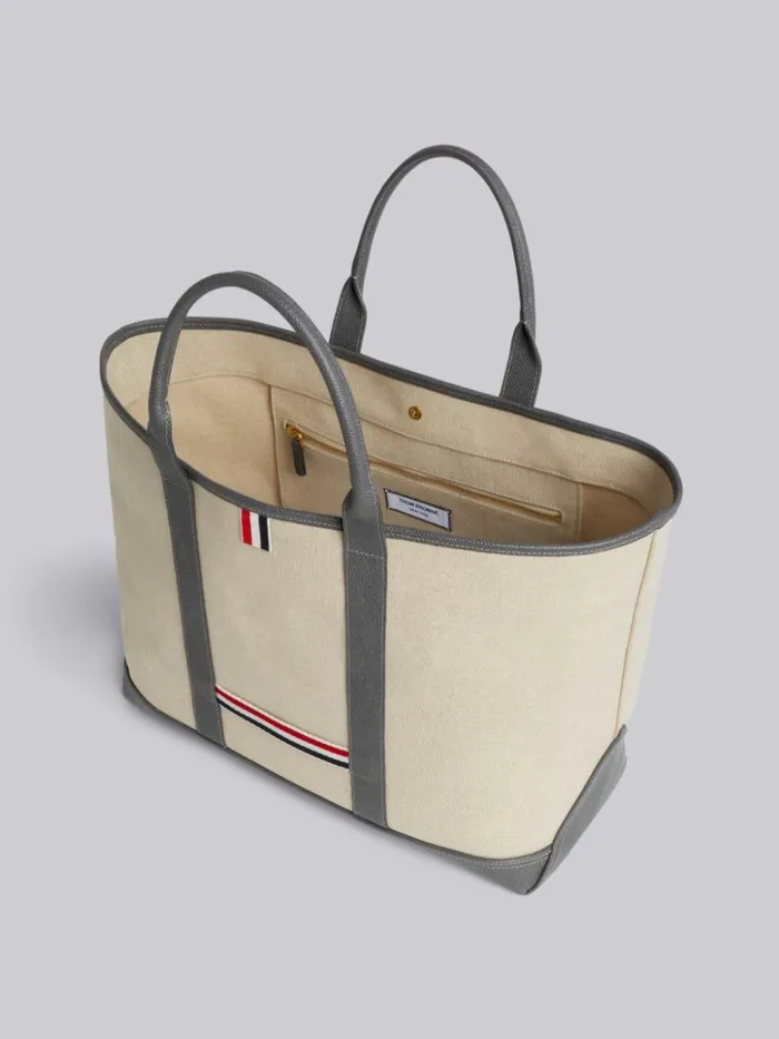 Light Grey Heavy Linen Leather Handle Medium Tool Tote Natural WomenMen Thom Browne Handbags and Totes