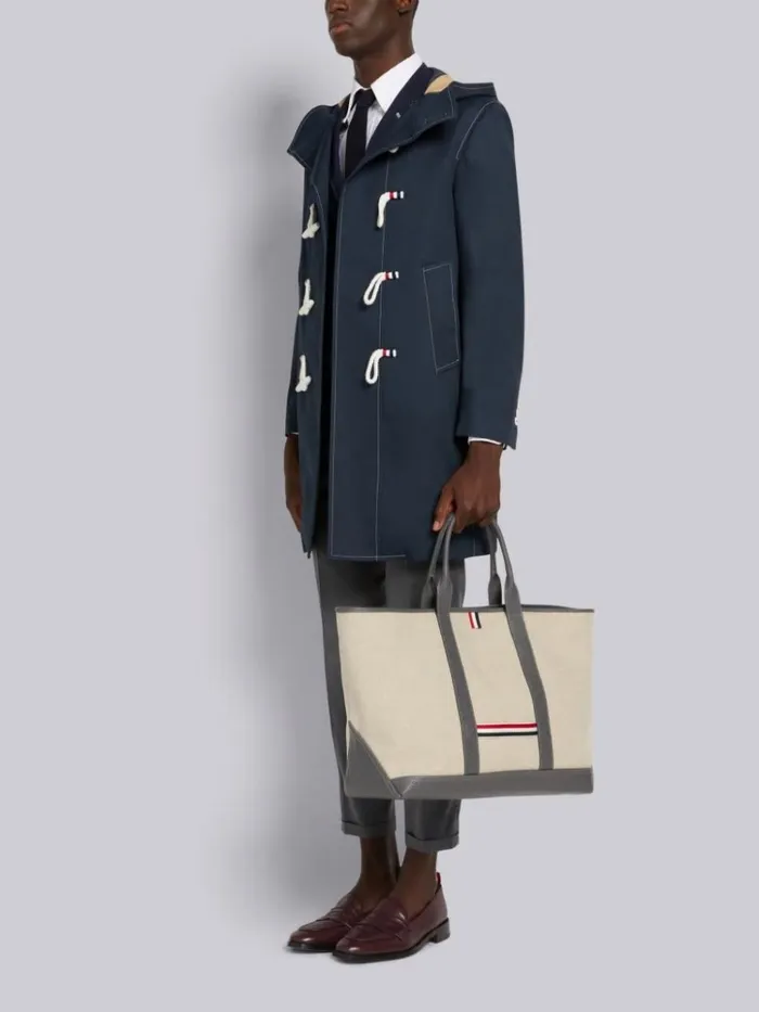 Light Grey Heavy Linen Leather Handle Medium Tool Tote Natural WomenMen Thom Browne Handbags and Totes