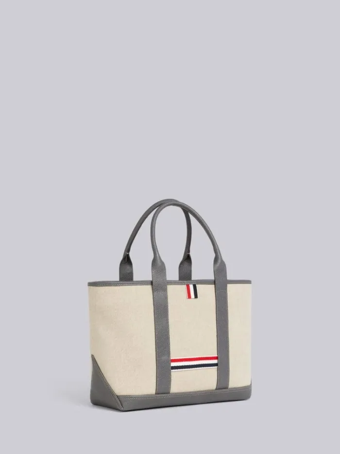 Light Grey Heavy Linen Leather Handle Small Tool Tote Natural WomenMen Thom Browne Handbags and Totes