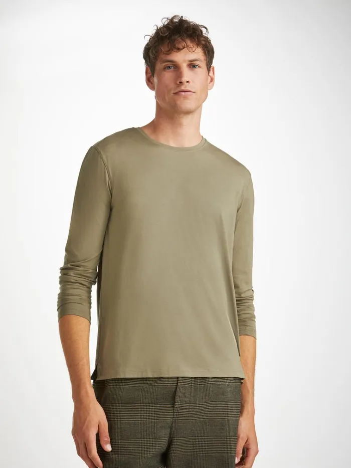 Long Sleeve TShirts Men Derek Rose Long Sleeve TShirt Basel Micro Modal Stretch Khaki Long Sleeve TShirts Men Derek Rose Long Sleeve TShirt Basel Micro Modal Stretch Khaki