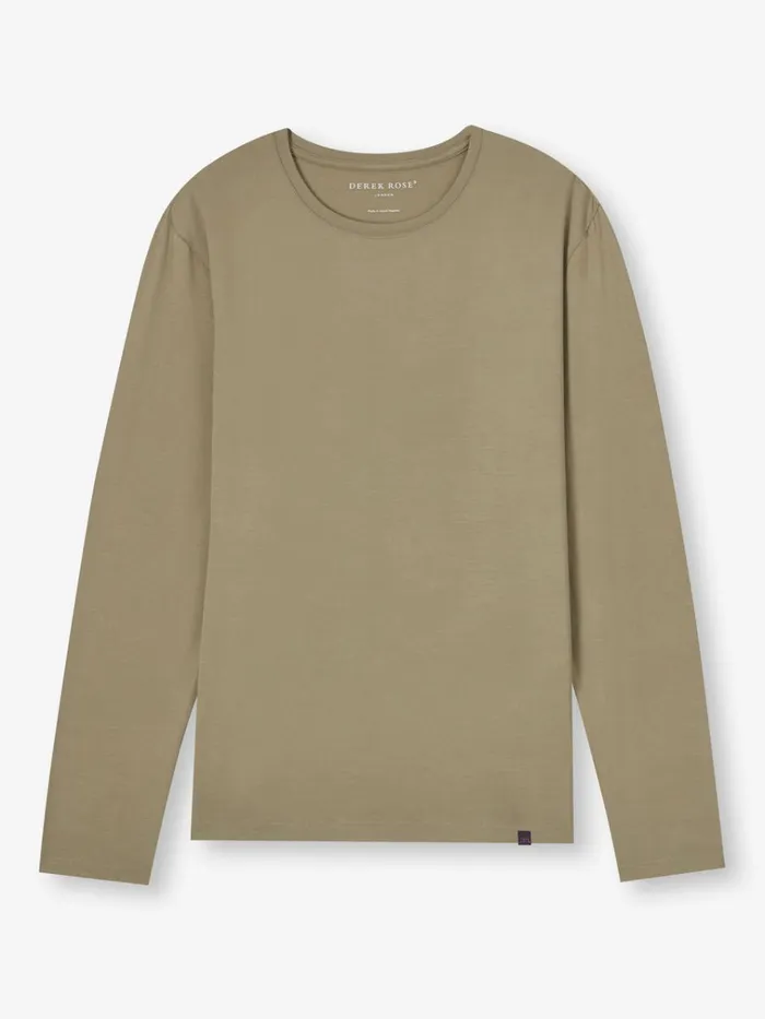 Long Sleeve TShirts Men Derek Rose Long Sleeve TShirt Basel Micro Modal Stretch Khaki