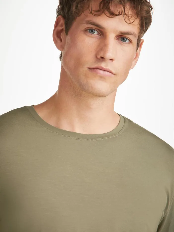 Long Sleeve TShirts Men Derek Rose Long Sleeve TShirt Basel Micro Modal Stretch Khaki