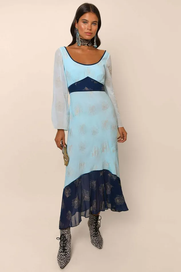 Mathilde Blue Glitter Feather Mix Women RIXO Dresses