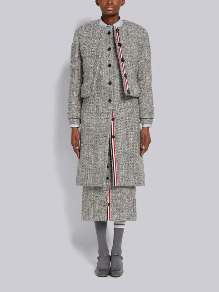 Melange Look Solid Tweed Downfilled Oversized Cardigan Sport Coat Medium Grey Women Thom Browne Outerwear