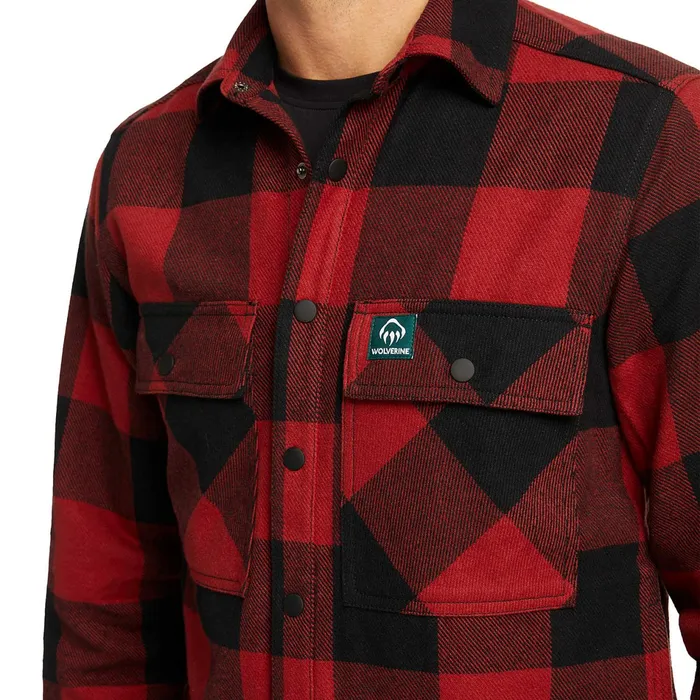 Men Forge Flannel Overshirt Dark Red Plaid Wolverine Work Shirts