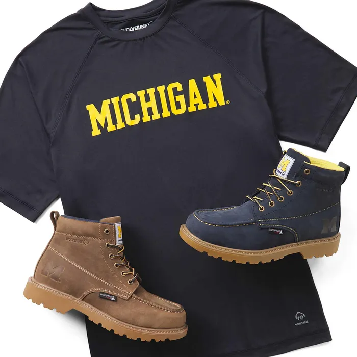 Men Wolverine X Valiant University Of Michigan Floorhand Moc Toe Work Boot Tan Wolverine Soft Toe