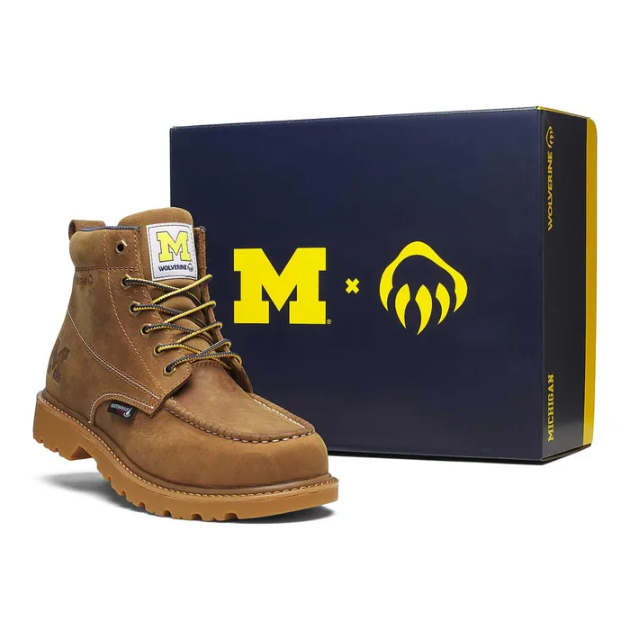 Men Wolverine X Valiant University Of Michigan Floorhand Moc Toe Work Boot Tan Wolverine Soft Toe