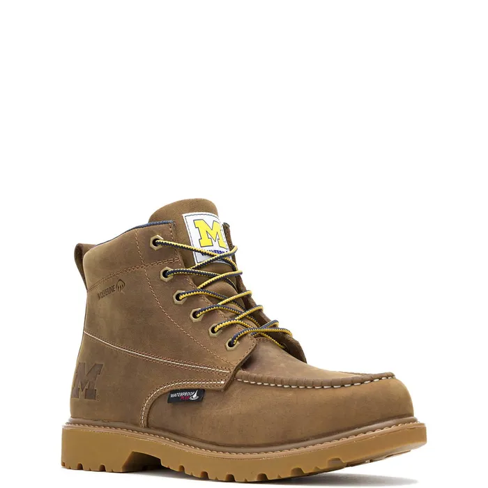 Men Wolverine X Valiant University Of Michigan Floorhand Moc Toe Work Boot Tan Wolverine Soft Toe