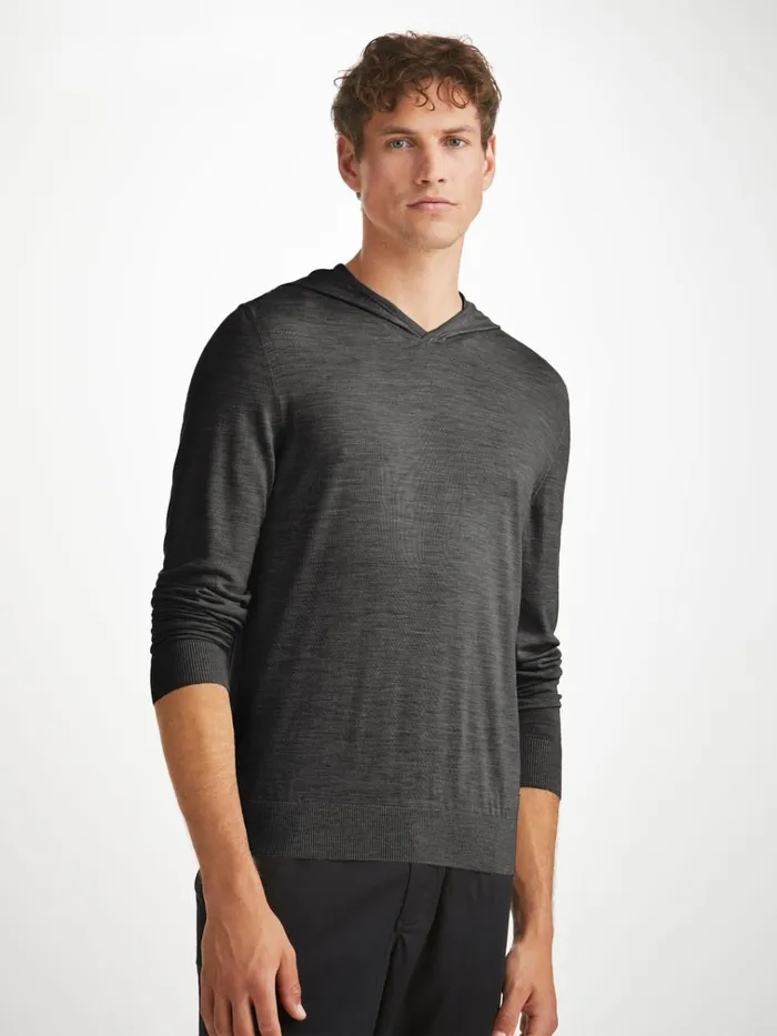 Merino Sweaters and Hoodies Men Derek Rose Hoodie Orson Merino Wool Charcoal
