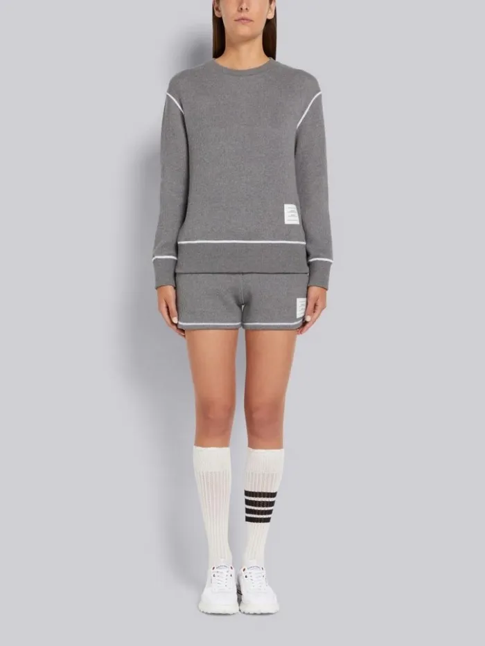 Mesh Back Cotton Rib Contrast Cover Stitch Shorts Medium Grey Women Thom Browne Sweats