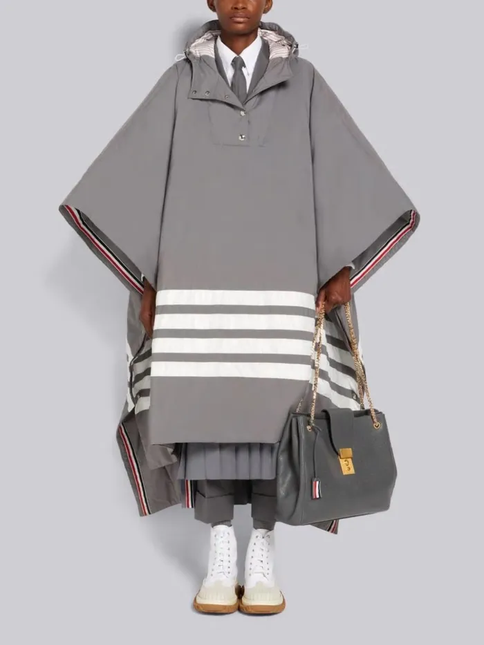 Military Ripstop Down Filled Satin 4bar Oversized Hooded Poncho Medium Grey Women Thom Browne Outerwear