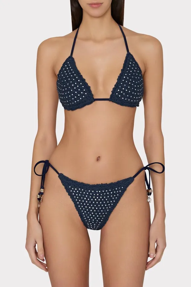 Milly Bikinis Women Glimmer String Bikini Bottom With Crystal Applique Navy Milly Bikinis Women Glimmer String Bikini Bottom With Crystal Applique Navy