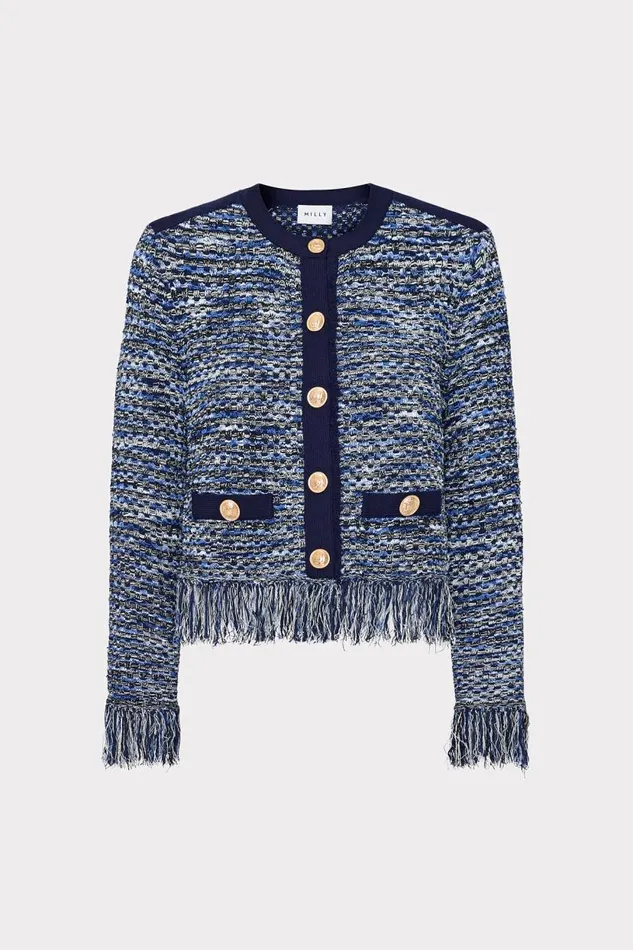 Milly Cardigans Women Kaia Textured Knit Cardigan Jacket Navy Multi