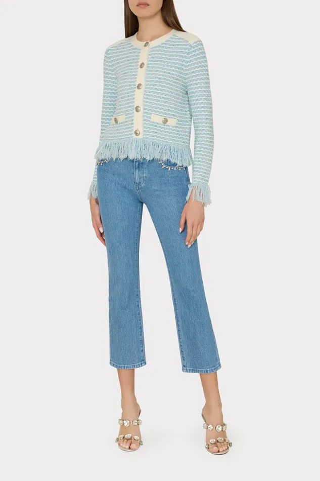 Milly Coats and Jackets Women Textured Fringe Cardigan Jacket Blue Multi Milly Coats and Jackets Women Textured Fringe Cardigan Jacket Blue Multi