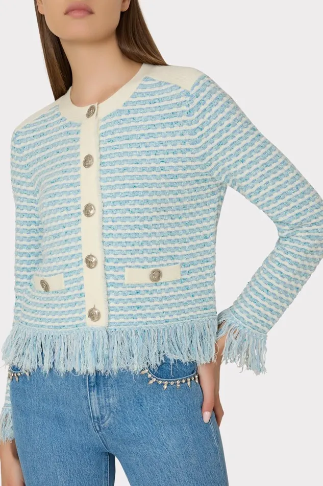 Milly Coats and Jackets Women Textured Fringe Cardigan Jacket Blue Multi Milly Coats and Jackets Women Textured Fringe Cardigan Jacket Blue Multi