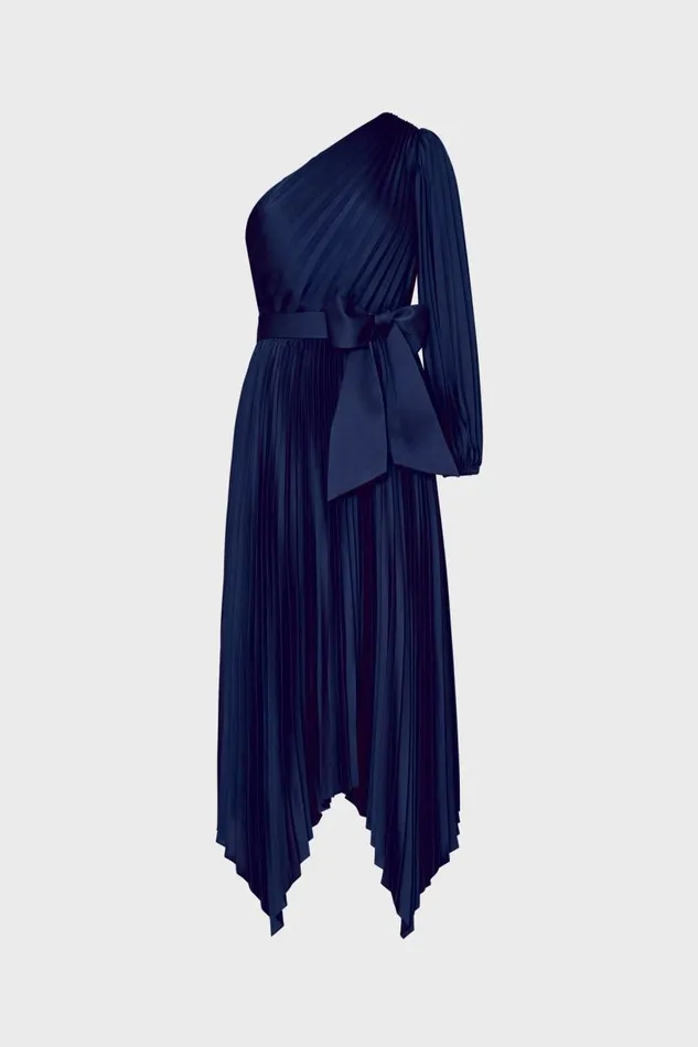 Milly Dresses Women Essi Satin Pleated One Shoulder Dress Navy