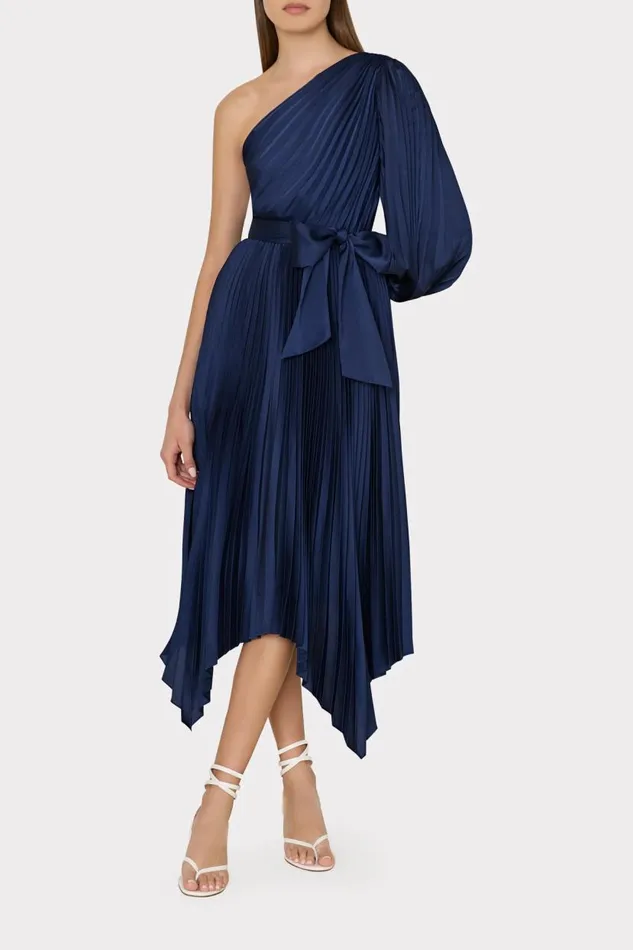 Milly Dresses Women Essi Satin Pleated One Shoulder Dress Navy Milly Dresses Women Essi Satin Pleated One Shoulder Dress Navy