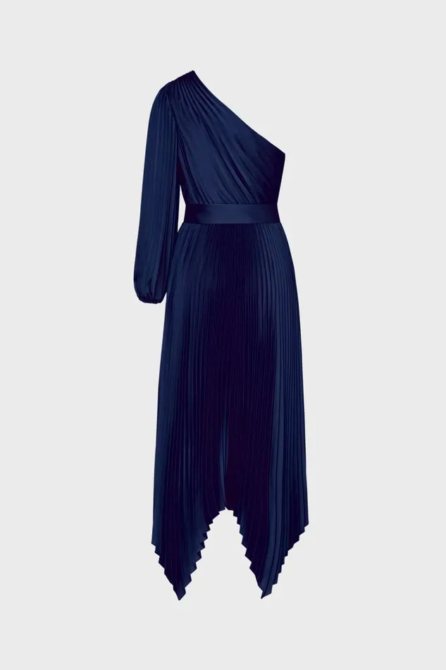 Milly Dresses Women Essi Satin Pleated One Shoulder Dress Navy Milly Dresses Women Essi Satin Pleated One Shoulder Dress Navy