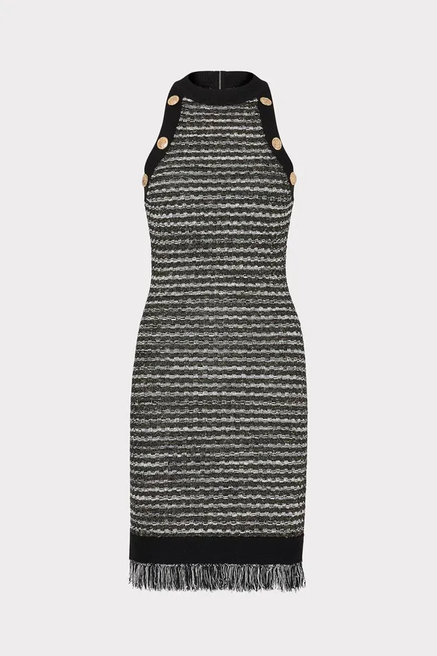 Milly Dresses Women Halter Textured Fringe Knit Mini Dress Black Gold Multi