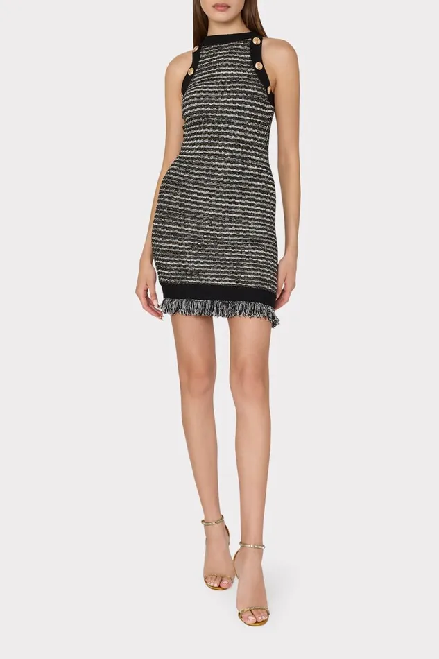 Milly Dresses Women Halter Textured Fringe Knit Mini Dress Black Gold Multi Milly Dresses Women Halter Textured Fringe Knit Mini Dress Black Gold Multi