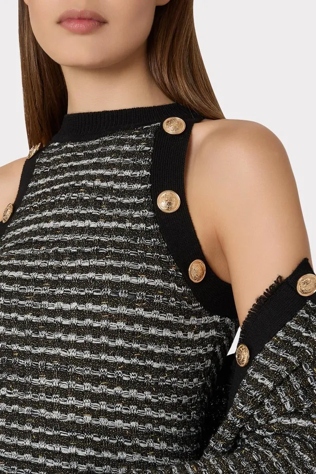 Milly Dresses Women Halter Textured Fringe Knit Mini Dress Black Gold Multi Milly Dresses Women Halter Textured Fringe Knit Mini Dress Black Gold Multi