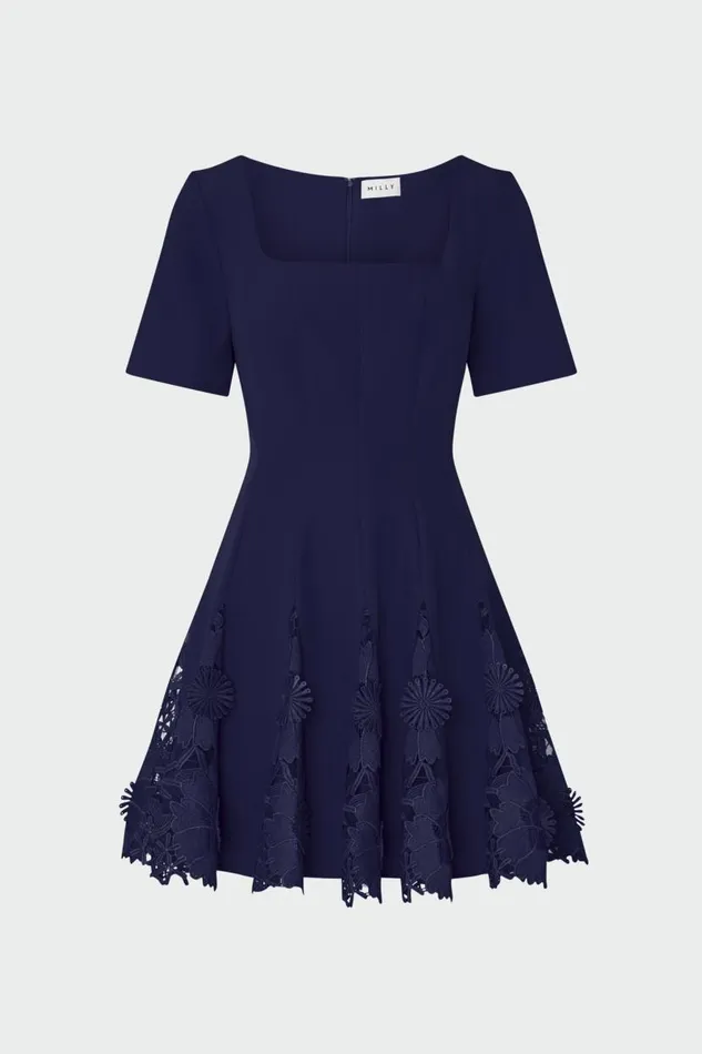Milly Dresses Women Joy Lace Combo Mini Godet Dress Navy