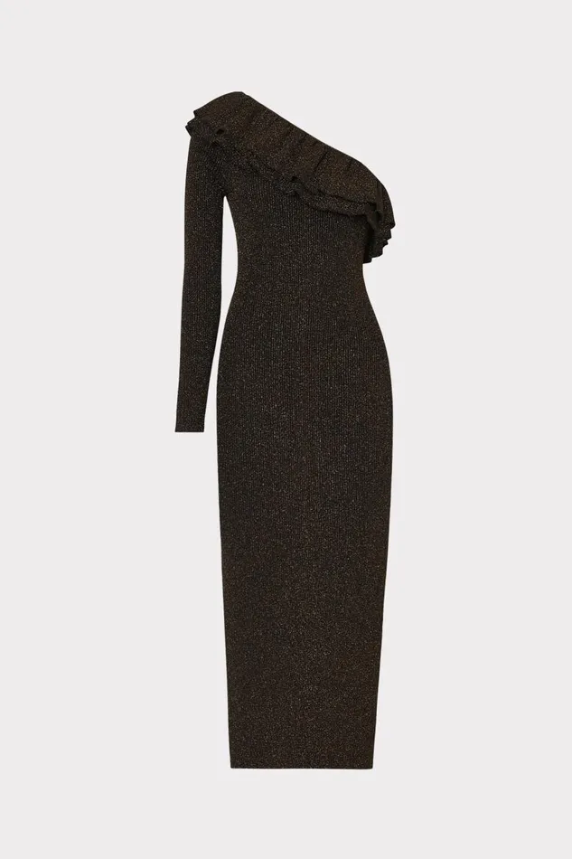Milly Dresses Women Kelly One Shoulder Ruffle Knit Midi Dress Gold