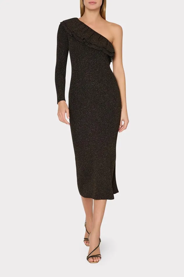 Milly Dresses Women Kelly One Shoulder Ruffle Knit Midi Dress Gold Milly Dresses Women Kelly One Shoulder Ruffle Knit Midi Dress Gold