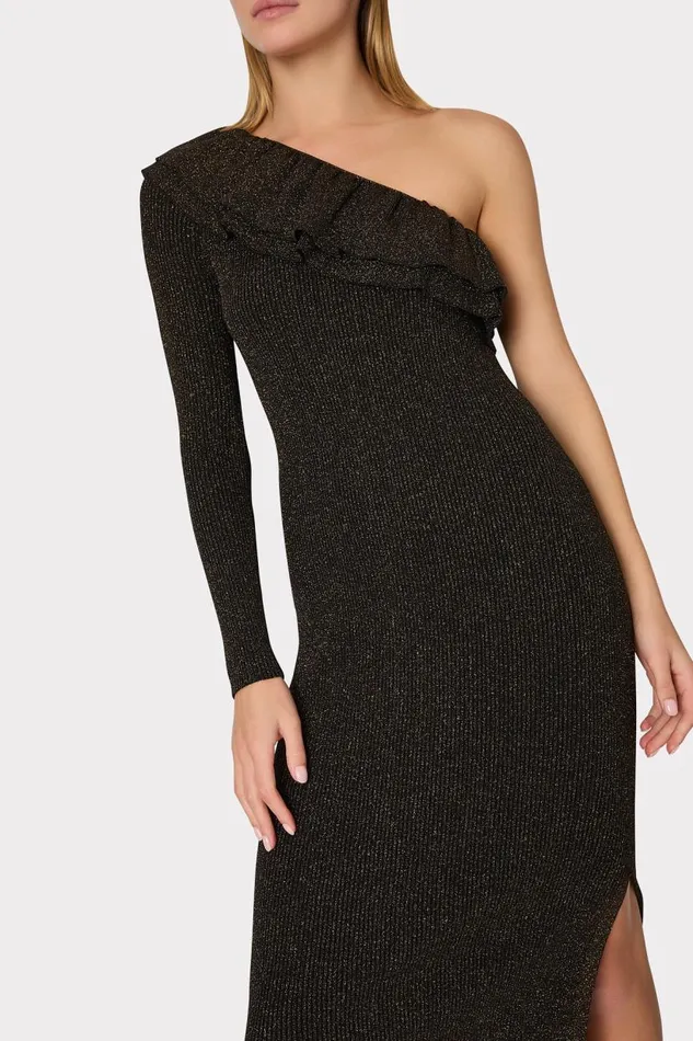 Milly Dresses Women Kelly One Shoulder Ruffle Knit Midi Dress Gold Milly Dresses Women Kelly One Shoulder Ruffle Knit Midi Dress Gold