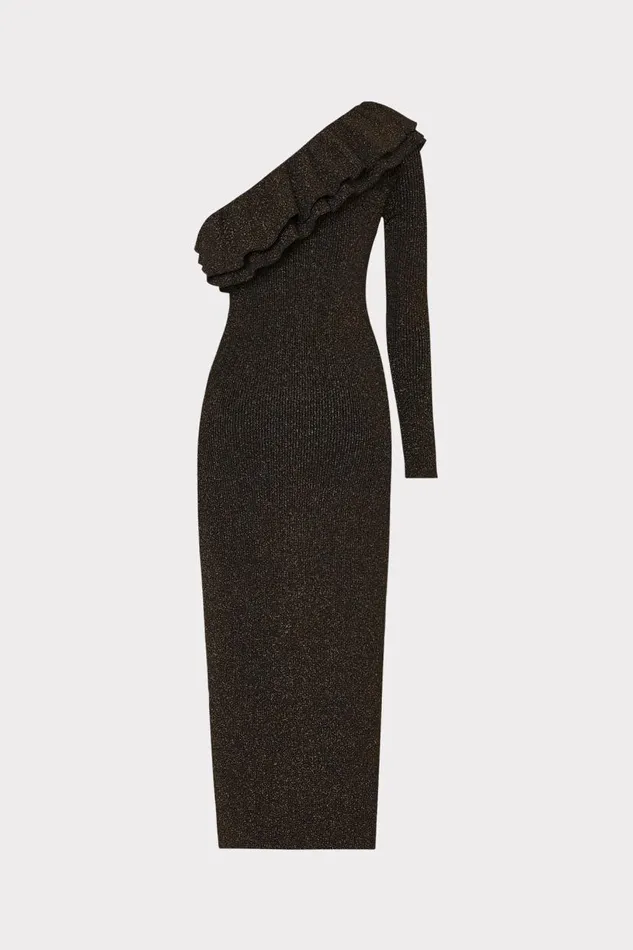 Milly Dresses Women Kelly One Shoulder Ruffle Knit Midi Dress Gold Milly Dresses Women Kelly One Shoulder Ruffle Knit Midi Dress Gold