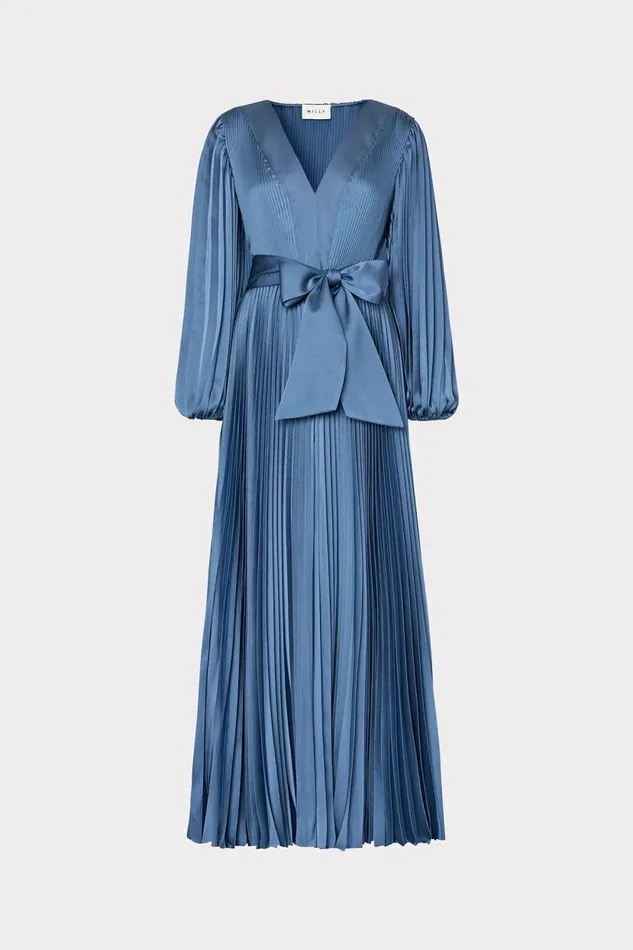 Milly Dresses Women Nadie Pleated Satin Maxi Dress Stone