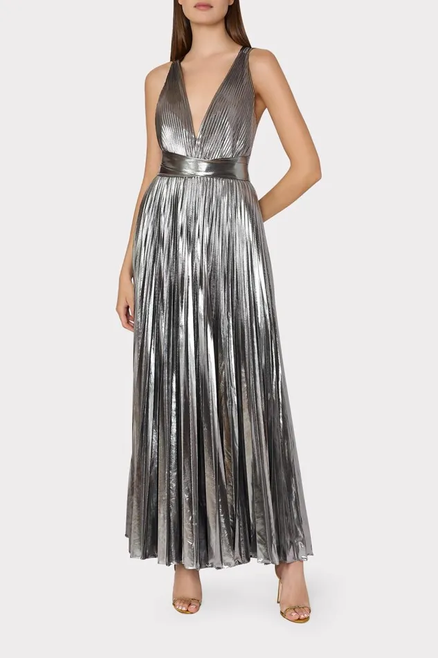 Milly Dresses Women Oria Pleated Lam Dress Silver Milly Dresses Women Oria Pleated Lam Dress Silver