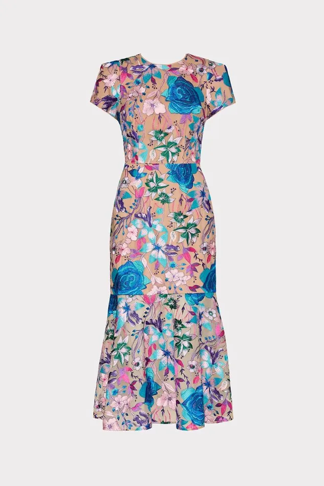 Milly Dresses Women Tahlia Fall Floral Embroidered Dress Blue Multi