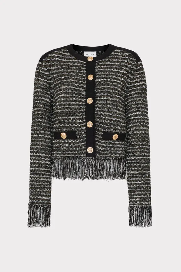 Milly Matching Sets Women Metallic Textured Fringe Cardigan Black Gold Multi