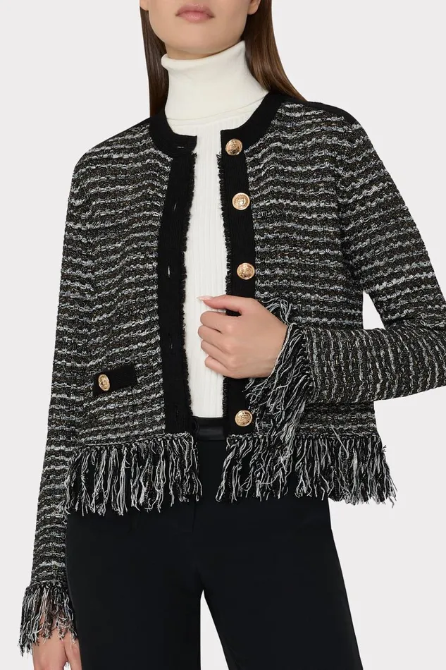 Milly Matching Sets Women Metallic Textured Fringe Cardigan Black Gold Multi Milly Matching Sets Women Metallic Textured Fringe Cardigan Black Gold Multi