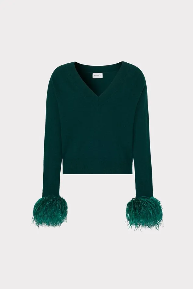 Milly Sweaters and Knits Women Feather Cuff VNeck Sweater Emerald Green