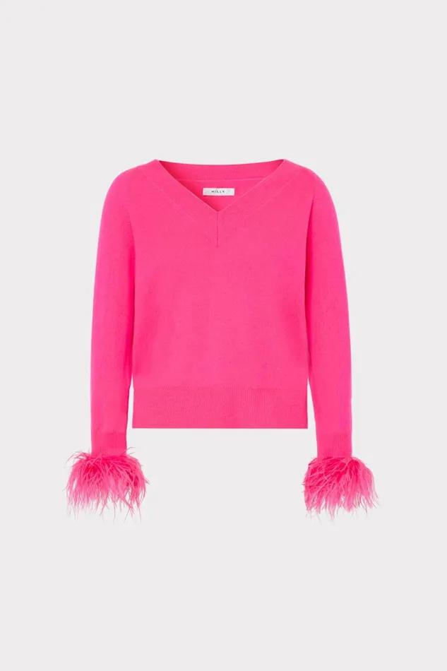 Milly Sweaters and Knits Women Feather Cuff Vneck Sweater Milly Pink