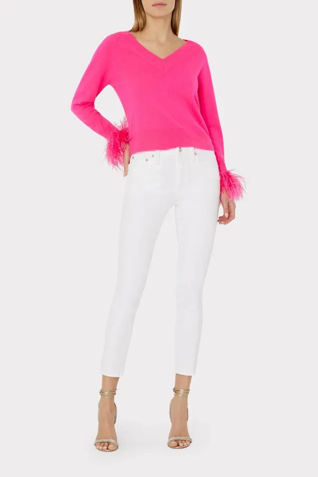 Milly Sweaters and Knits Women Feather Cuff Vneck Sweater Milly Pink Milly Sweaters and Knits Women Feather Cuff Vneck Sweater Milly Pink
